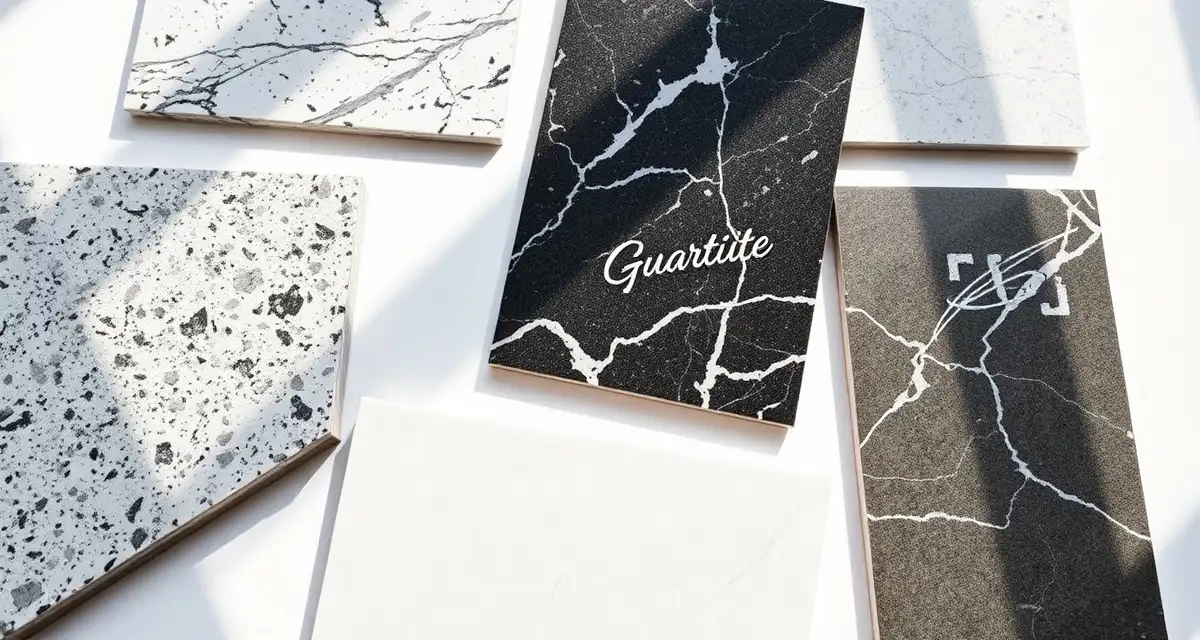 Countertop material samples for fabricators Collection of countertop material samples including granite, marble, quartzite, quartz, and porcelain displaying different finishes and colors for fabrication