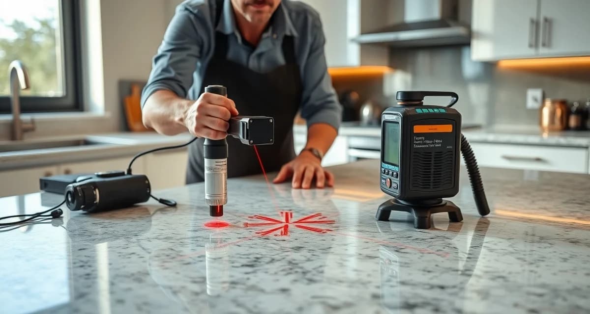 Digital laser measurement for accurate countertop templating Technician using digital laser templating device to precisely measure countertop dimensions in kitchen installation.