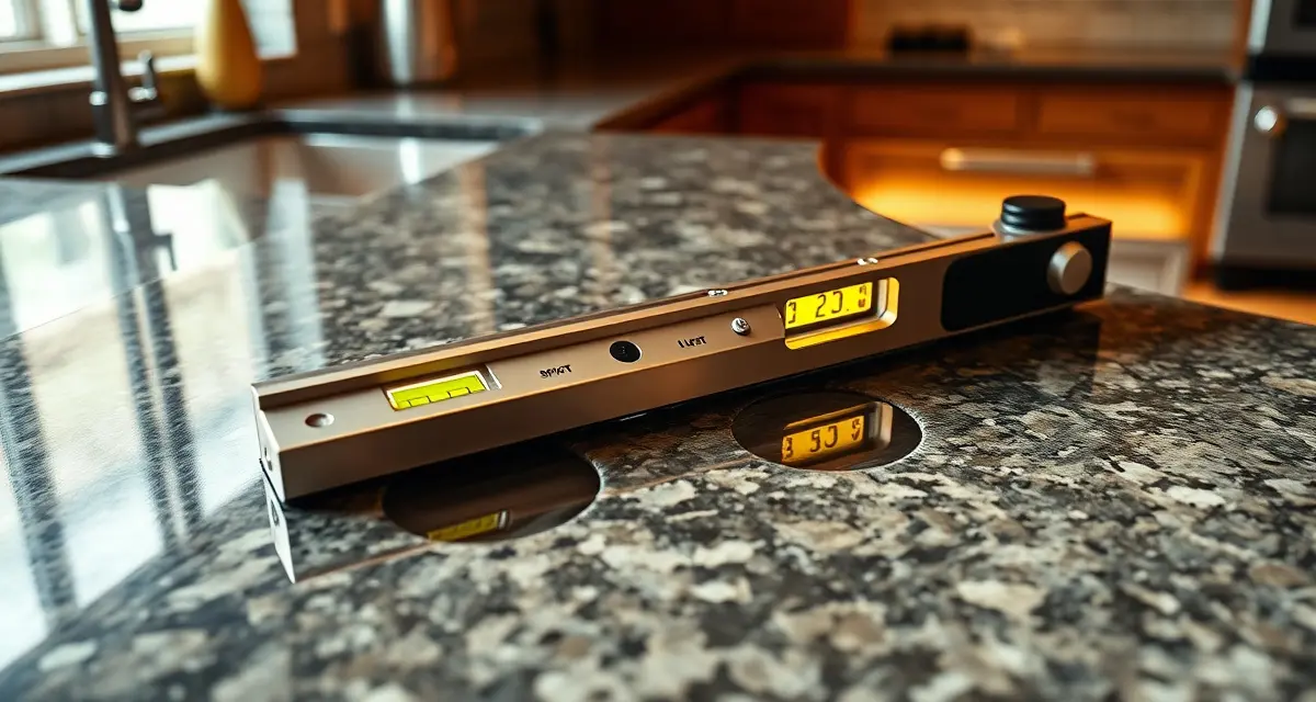 How to detect and fix unlevel granite or quartz countertops Spirit level on uneven stone countertop surface showing gaps and water pooling areas indicating improper installation
