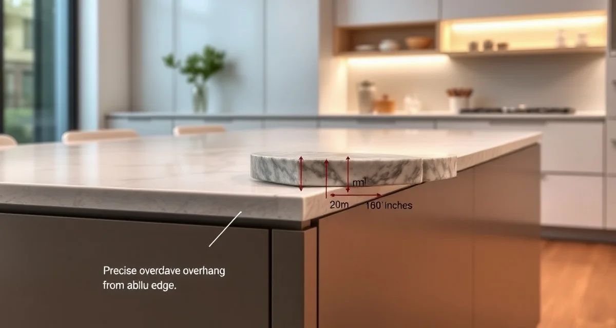Standard countertop overhang specifications Diagram showing standard countertop overhang measurement of 1 to 1.5 inches extending past cabinet face for protection and ergonomics