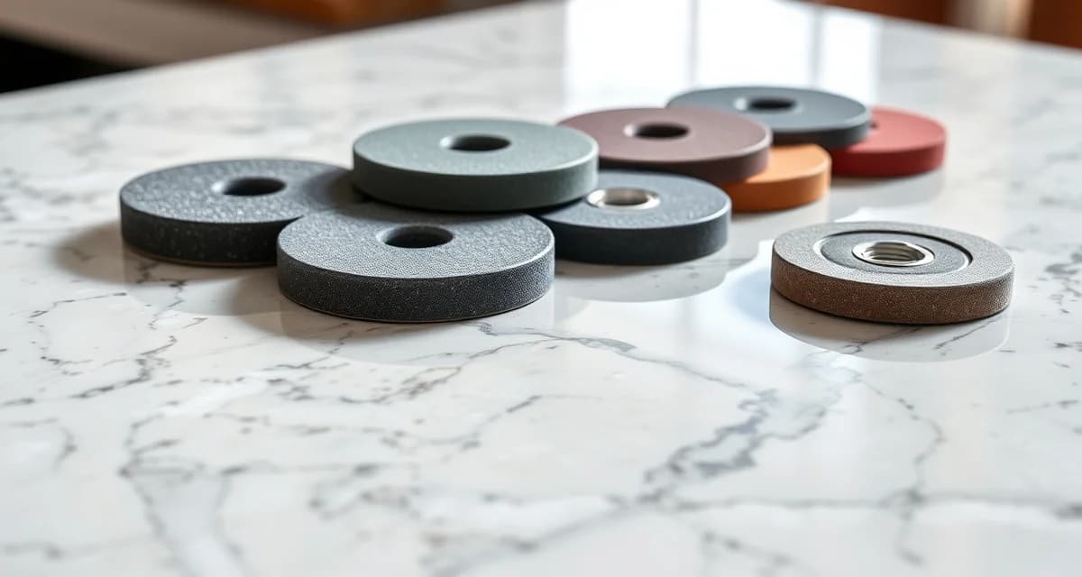 Stone countertop polishing technique with diamond abrasive pads Close-up of polished granite countertop surface with diamond polishing pads showing progression from coarse to fine grits used in the polishing process