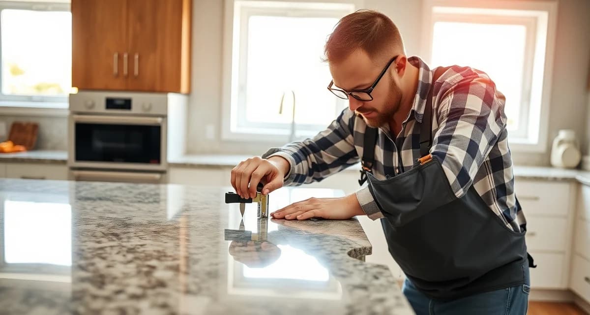 Post-installation checklist inspection process Professional countertop installer conducting post-installation quality inspection and verification of newly installed stone countertop seams and surfaces