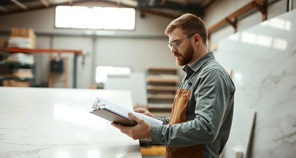 Quality control inspection for countertop installation Stone countertop fabrication worker inspecting marble slab quality before installation using pre-installation checklist