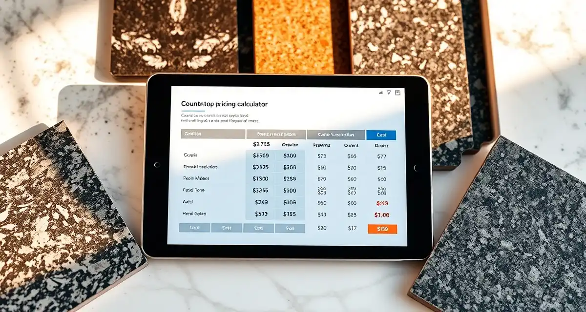 Interactive countertop cost estimation tool Countertop pricing calculator tool showing material costs, square footage input, and edge profile options for estimating installed project expenses.