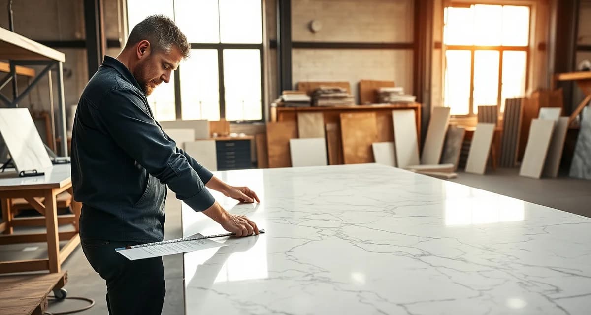 Countertop pricing and fabrication cost breakdown Stone countertop fabricator reviewing pricing strategy and material costs for kitchen countertop installation project