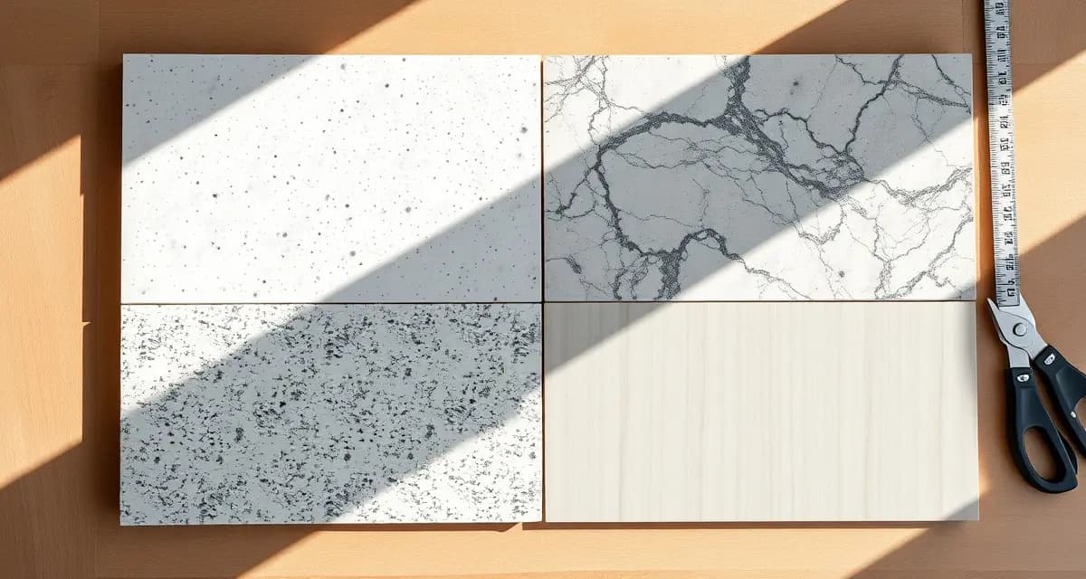 Countertop Material Price Comparison Guide Four countertop material samples showing quartz, granite, marble and laminate surfaces with varying textures and colors for pricing comparison