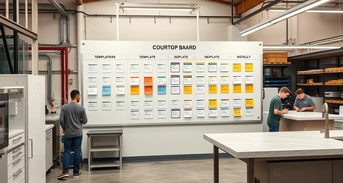 Production board management for stone countertop shops Visual production board tracking system for countertop fabrication shop showing organized job stages from template through installation
