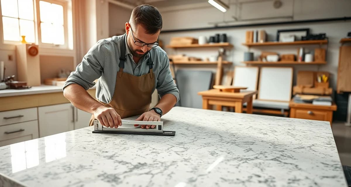 Countertop fabrication and measurement process Countertop fabrication specialist measuring stone slab during templating phase of kitchen remodel project timeline
