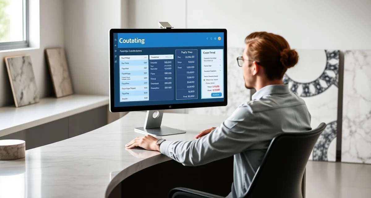 Fast quoting technology for stone countertop shops Digital quoting software interface for countertop fabrication shops, showing automated price estimates and material calculations