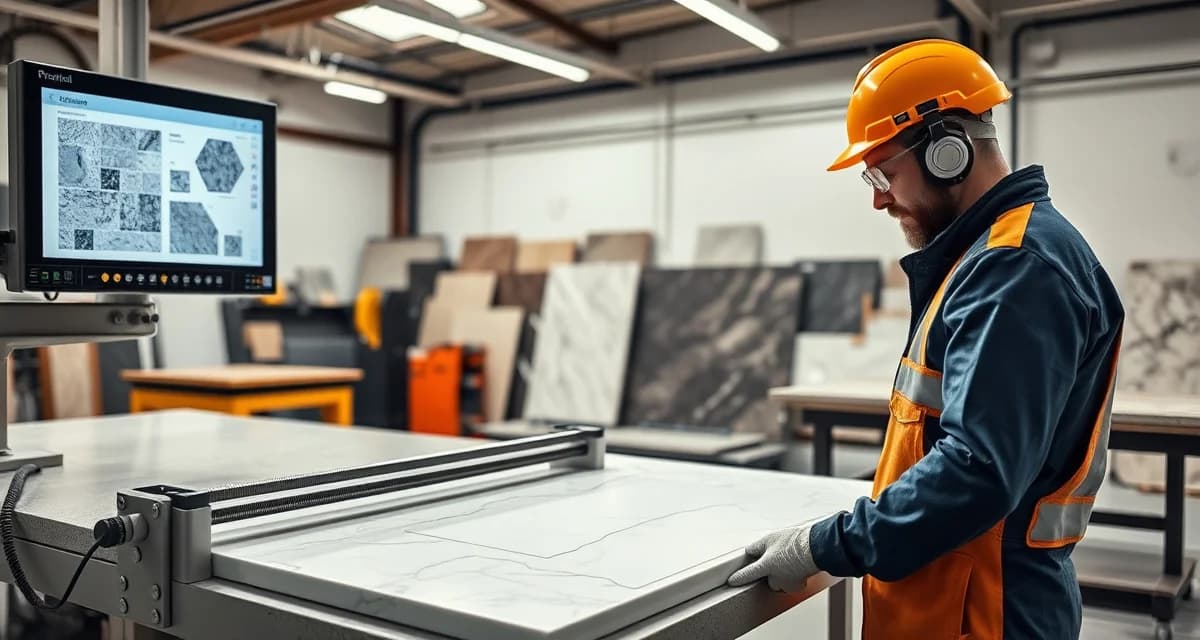 AI-powered quality control reduces countertop fabrication remakes Countertop fabrication shop worker using AI template verification system to inspect stone slab quality and prevent remakes