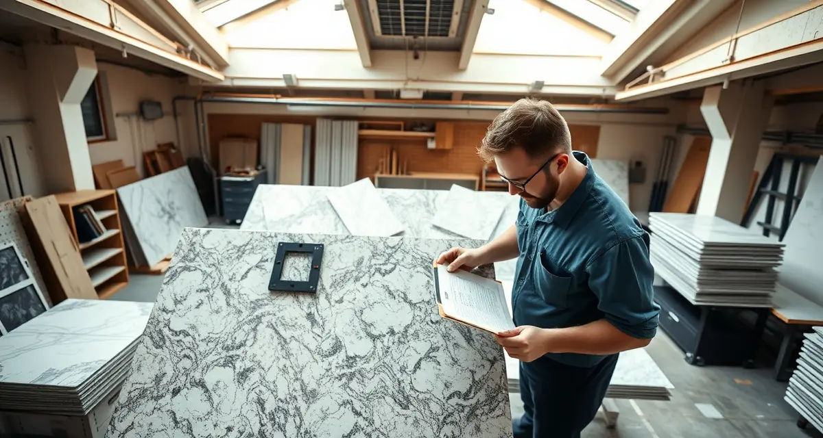 Quality control inspection in countertop fabrication shop Stone countertop fabrication technician inspecting quartz slab with precision tools during quality control process to prevent costly remakes