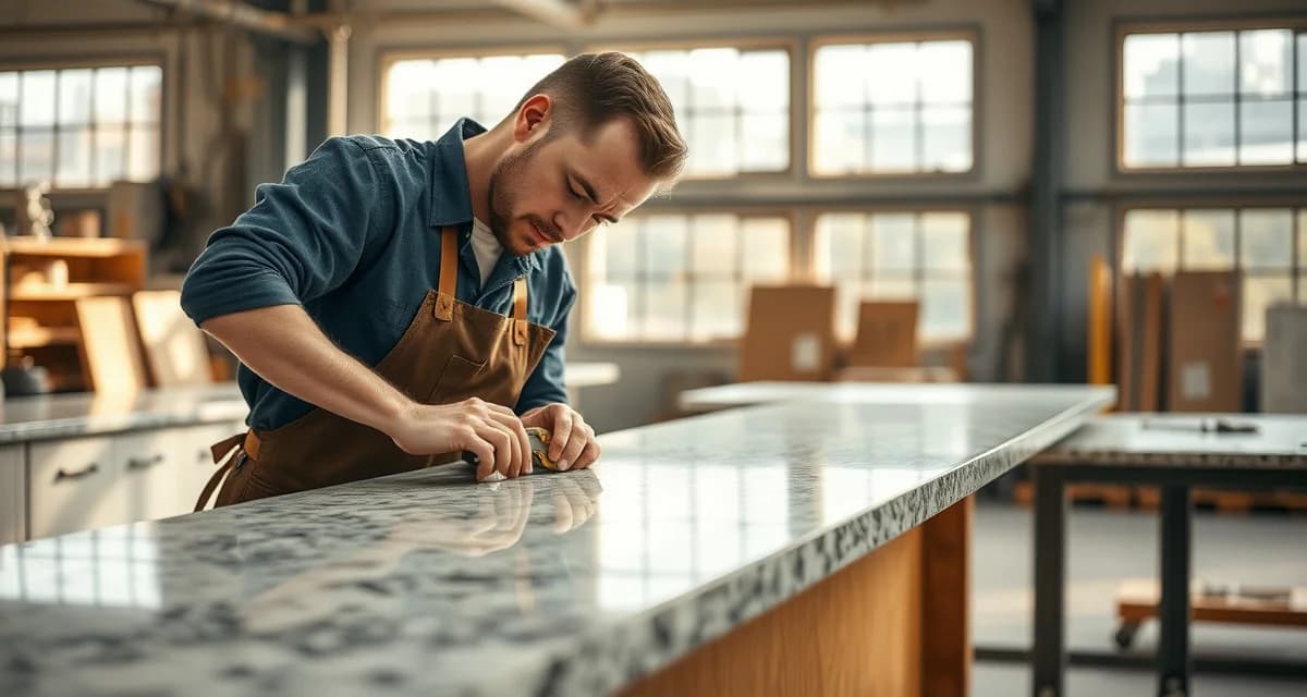 Quality inspection prevents costly countertop remakes Stone fabricator inspecting countertop surface during quality control process to prevent remakes and maintain customer satisfaction