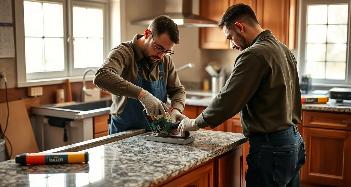 Expert countertop removal techniques for stone fabricators Professional countertop removal showing fabricator safely detaching old kitchen countertop from cabinets during installation project