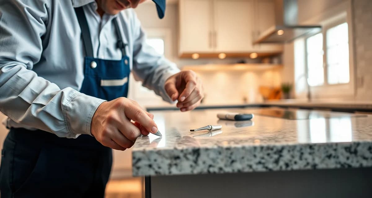 Expert countertop repair assessment and damage evaluation Professional countertop repair technician assessing damage on granite countertop for cost estimation and repair planning