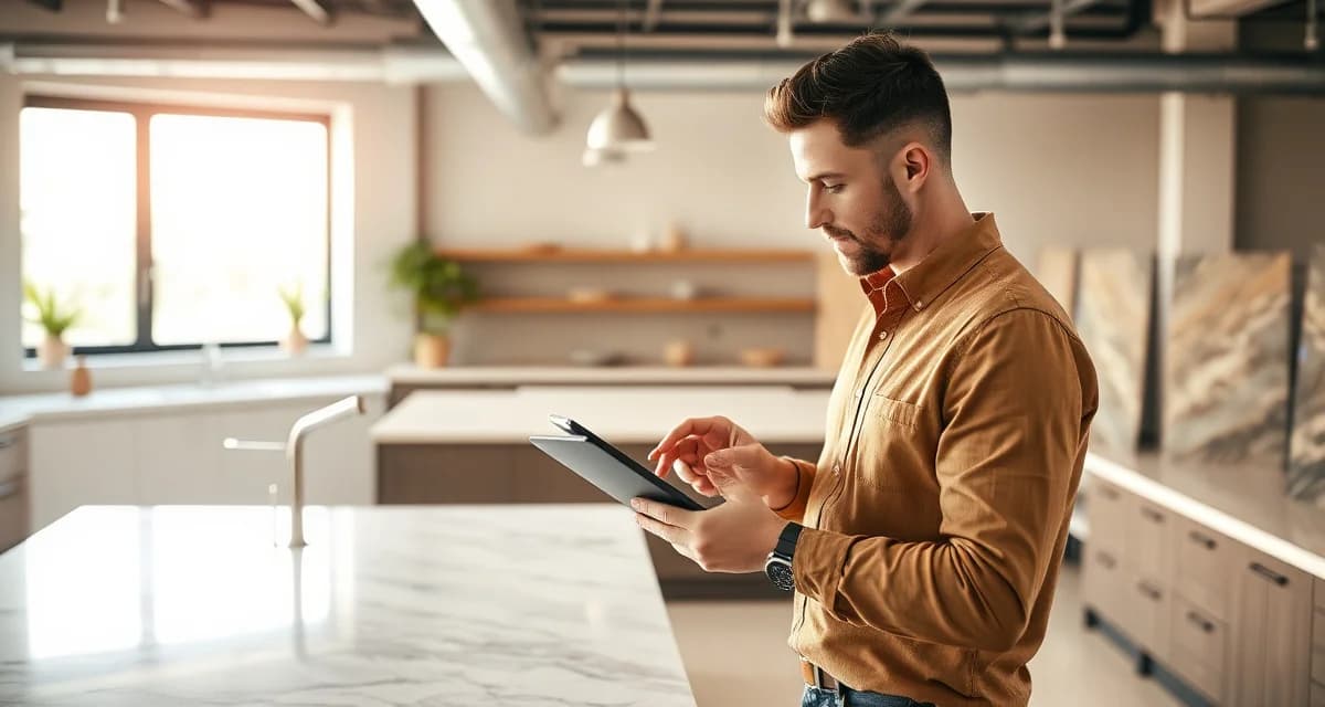 Sales team using countertop fabrication quoting software Stone countertop sales professional using SlabWise quoting software to generate accurate estimates for contractors and homeowners