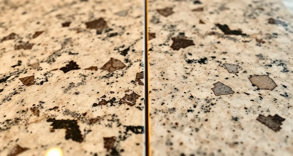 Professional stone countertop seam installation Expert countertop seam joining two stone slabs with perfect adhesive bonding and color matching, professional fabrication technique
