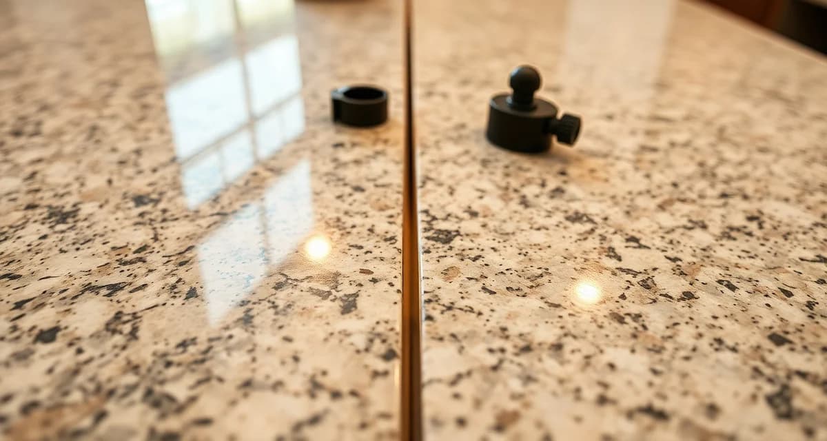 Stone countertop seam joining technique with epoxy Two countertop pieces joined together with color-matched epoxy adhesive and professional seam clamps for seamless fabrication