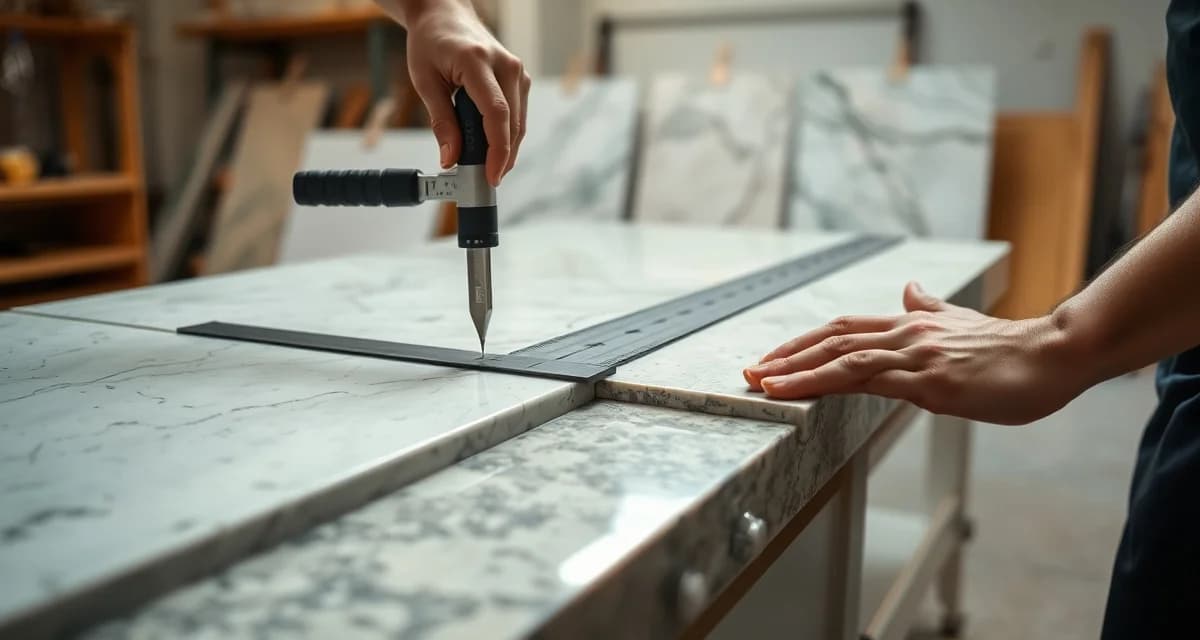 Precision seam placement in stone countertop fabrication Expert countertop fabricator measuring and marking seam placement on granite slabs during stone countertop fabrication process.