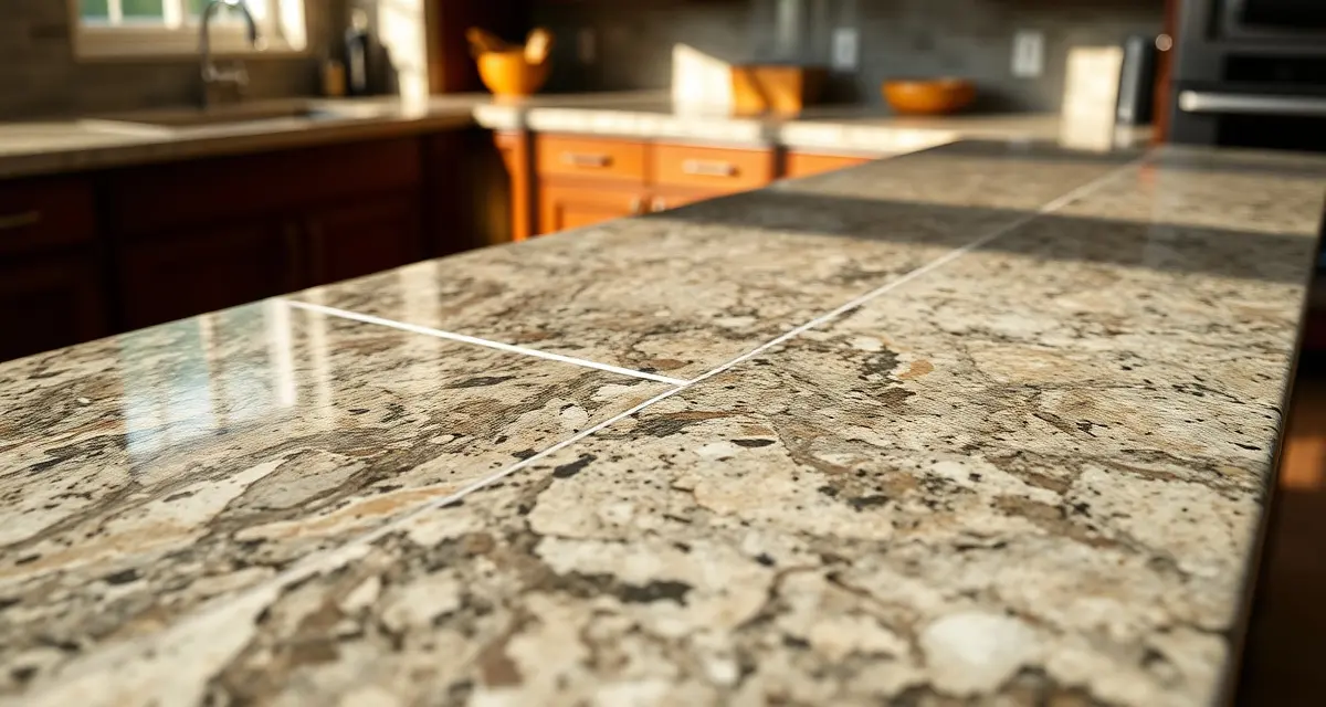 Professional countertop seam quality example Close-up of a well-made countertop seam with color-matched epoxy showing barely visible stone seam fabrication