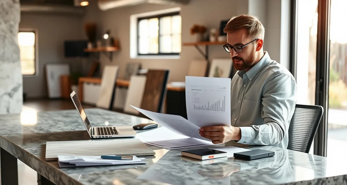 Business planning for stone countertop shops Countertop fabrication shop owner developing business plan with stone samples and financial documents on desk