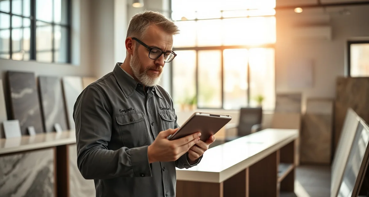 Solving communication gaps in countertop fabrication business Stone fabrication shop manager addressing customer communication complaints using digital portal system to track project status updates