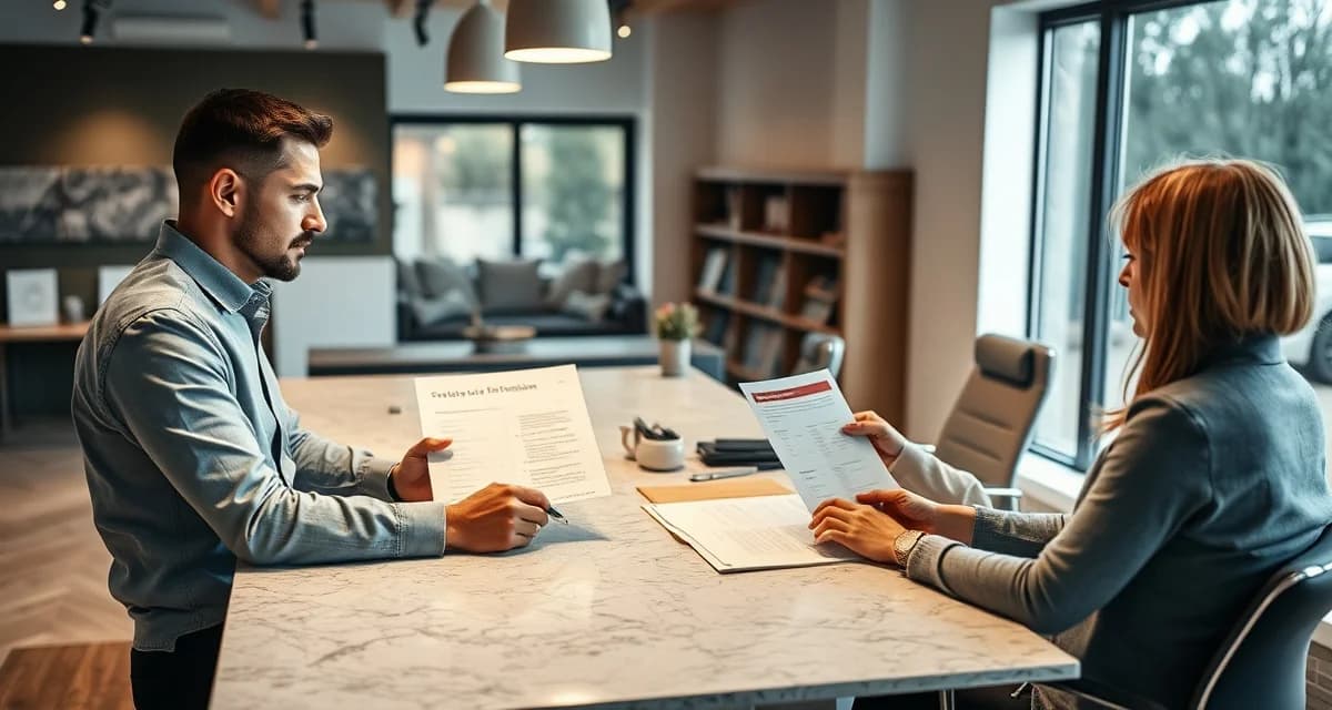 Professional customer onboarding process for stone countertop shops Stone countertop fabrication shop manager meeting with customer to review onboarding checklist and project details