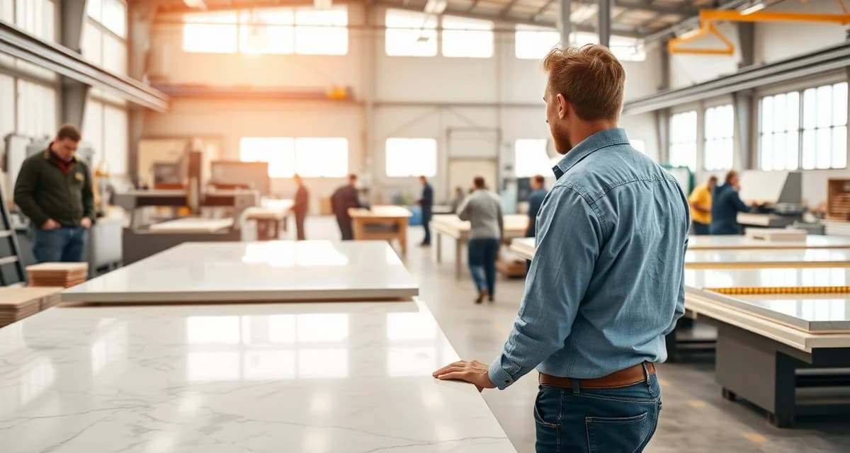 Effective countertop shop operations and team coordination Countertop fabrication shop manager coordinating production workflow with stone materials and cutting equipment in modern workshop environment.