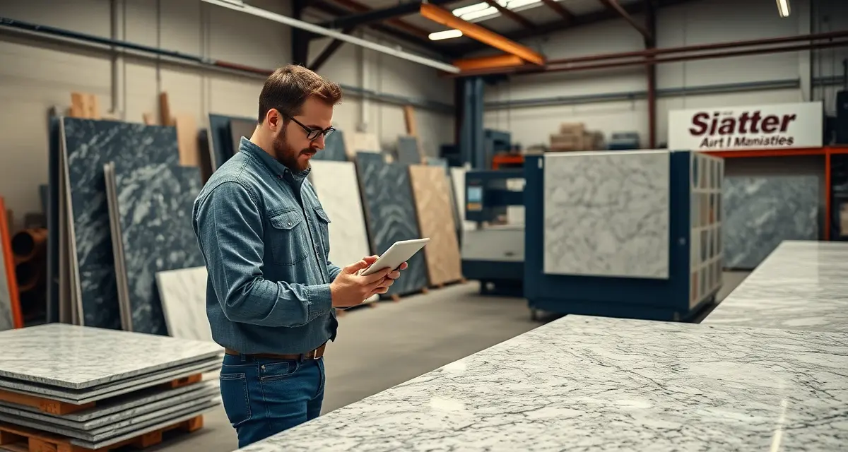 Fabrication shop management dashboard implementation Stone countertop fabrication shop manager using SlabWise software to reduce waste and track job efficiency, displaying organized material slabs and modern equipment.