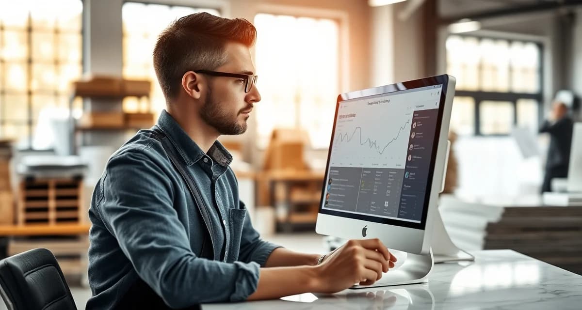 Digital visibility for stone fabrication shops Countertop fabrication shop owner reviewing online presence analytics on computer, representing how digital visibility impacts customer discovery