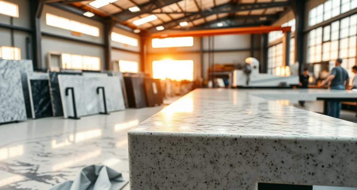 Countertop shop operations and profit margins Modern countertop fabrication shop with organized stone slabs and precision cutting equipment representing shop profitability metrics