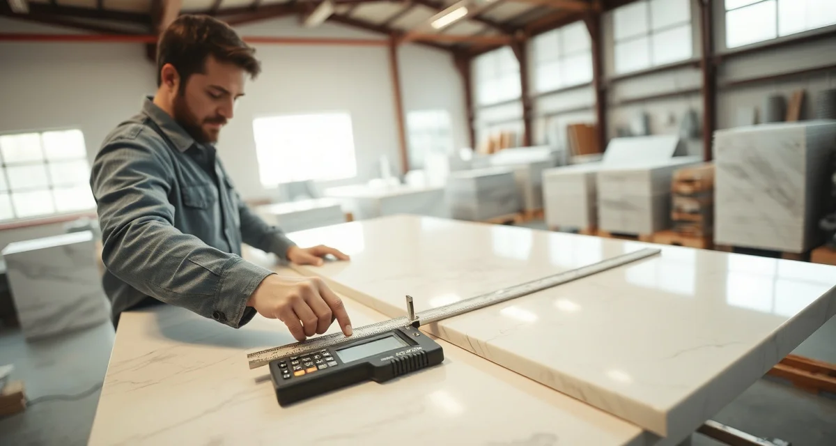 Professional countertop measurement and material estimation Stone fabrication technician measuring countertop slab dimensions using precision tools to calculate material needs