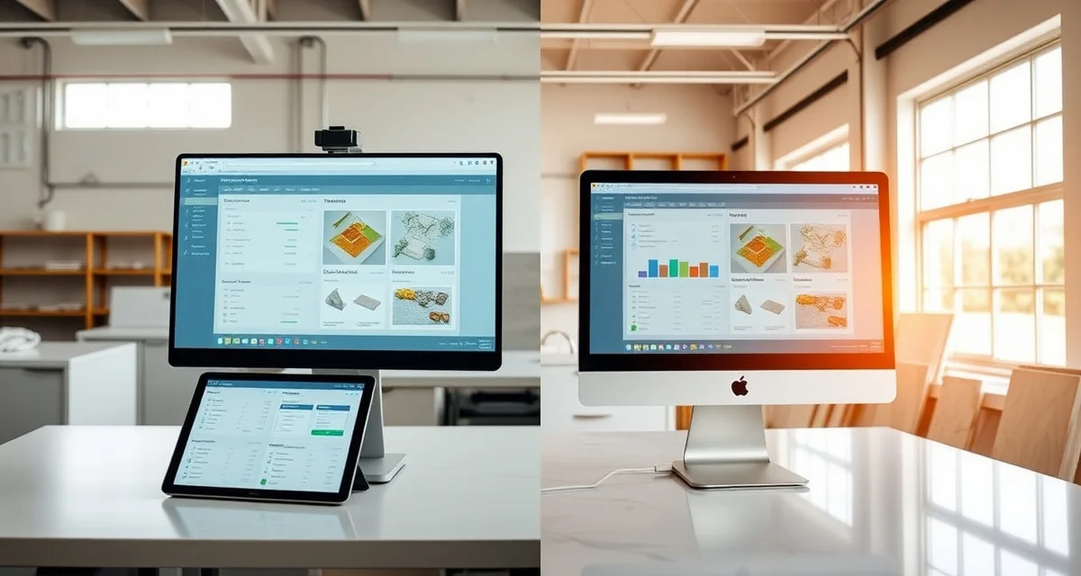 Stone fabrication software comparison dashboard Comparison of QuickQuote and iCounterSoft countertop estimating software interfaces showing feature differences