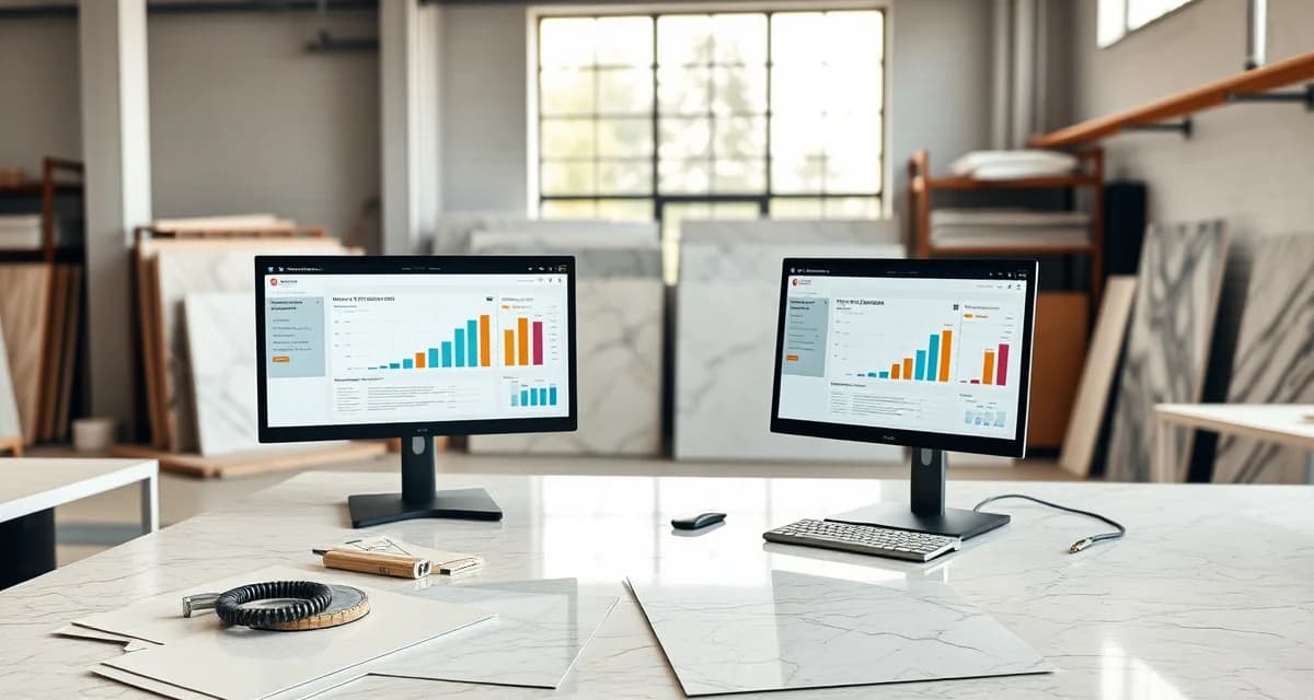 Stone shop management software in action Modern countertop fabrication shop using specialized software for quoting, inventory, and job scheduling