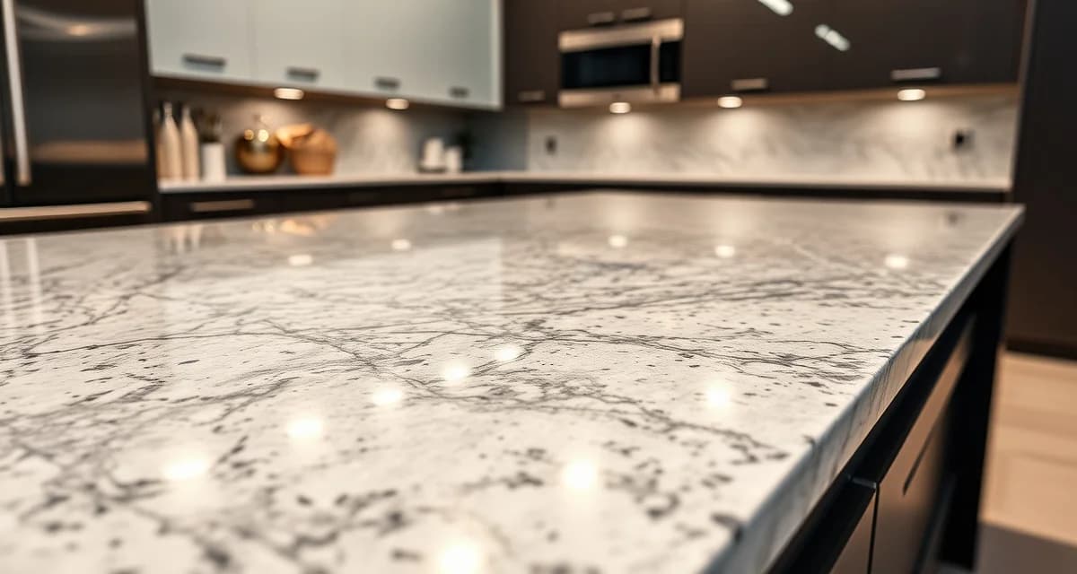 Professional stone countertop surface detail Close-up of a polished granite countertop showing proper spelling and professional stone fabrication quality in a modern kitchen setting.
