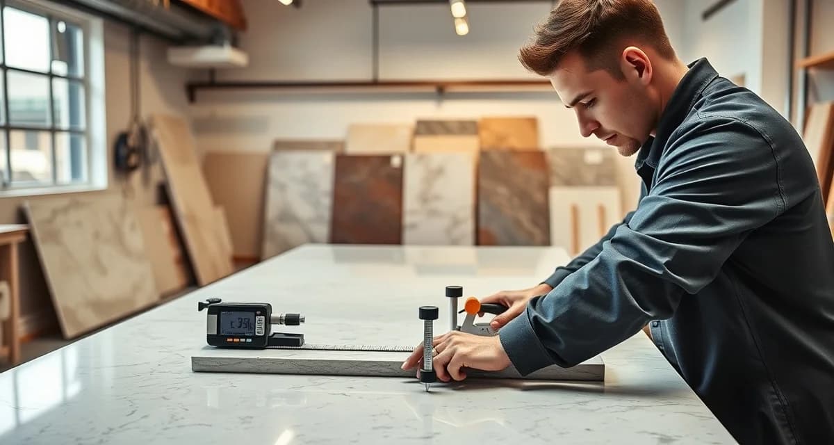 Stone templating accuracy and quality control in fabrication Countertop fabrication specialist performing precision template measurement to prevent template errors and remakes in stone fabrication.