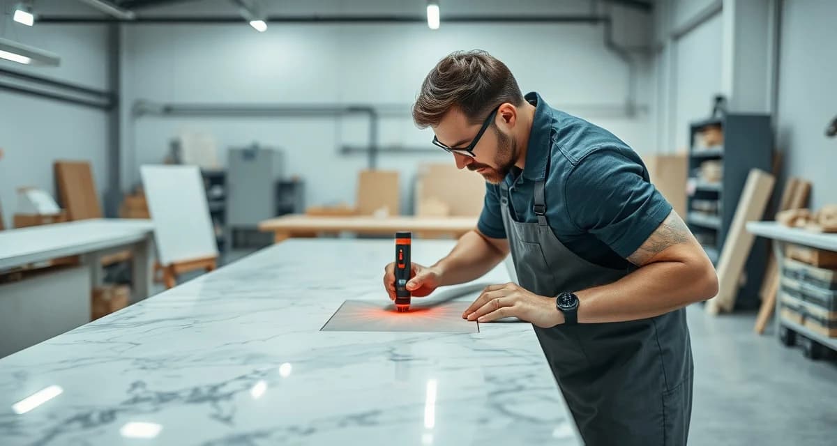 Digital countertop templating process Professional stone fabricator using laser measurement device to create precise countertop template for accurate kitchen countertop fabrication.