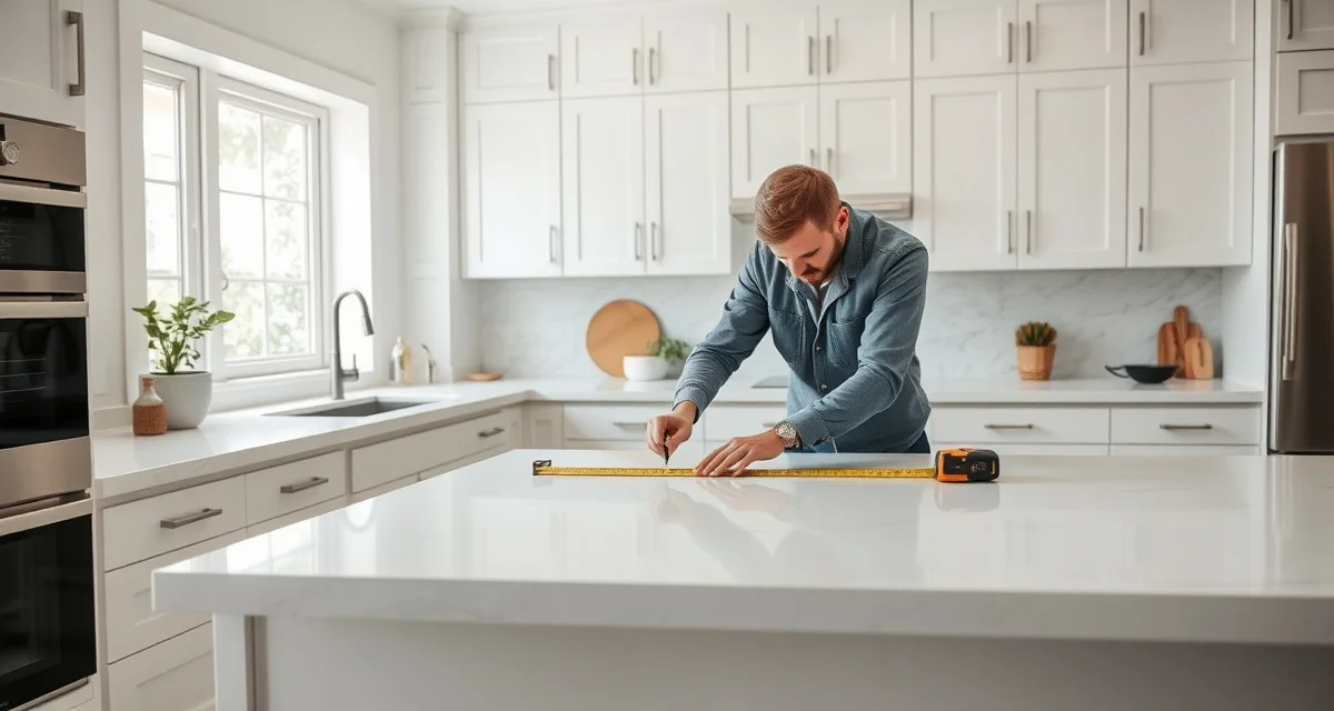Professional template visit preparation process Countertop templater measuring kitchen countertop with precision tools and template materials during professional template visit