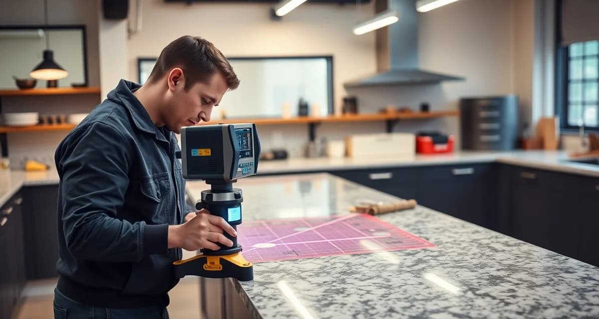 Countertop templating with laser measurement tools Digital laser templating equipment measuring a kitchen countertop for accurate fabrication, showing modern precision measurement technology