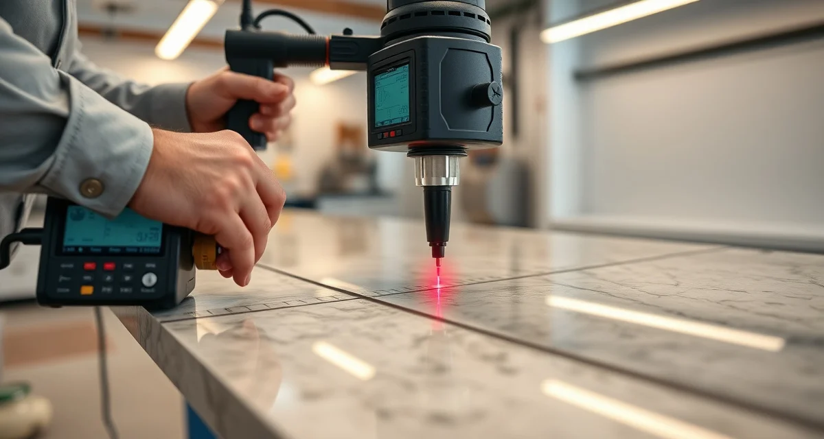 Modern digital templating in stone fabrication Digital laser templating system measuring stone countertop during fabrication process for accurate template creation.
