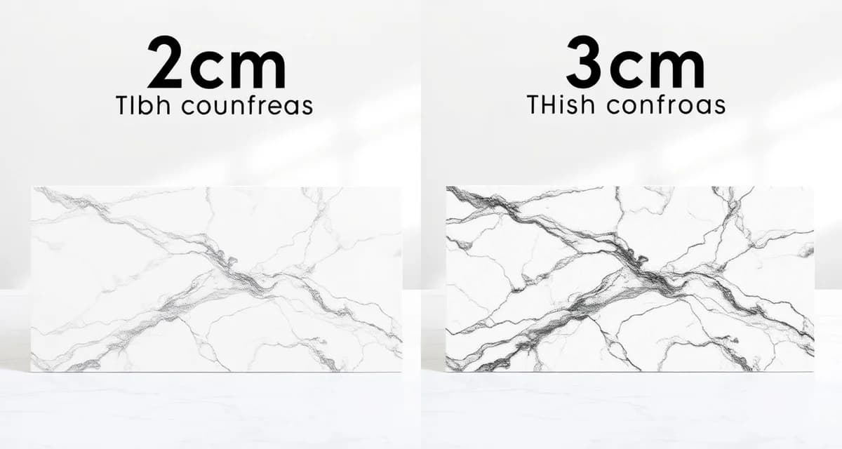 Stone countertop thickness measurement guide Comparison of 2cm and 3cm stone countertop thickness standards showing cross-section depth differences for kitchen and bathroom applications.