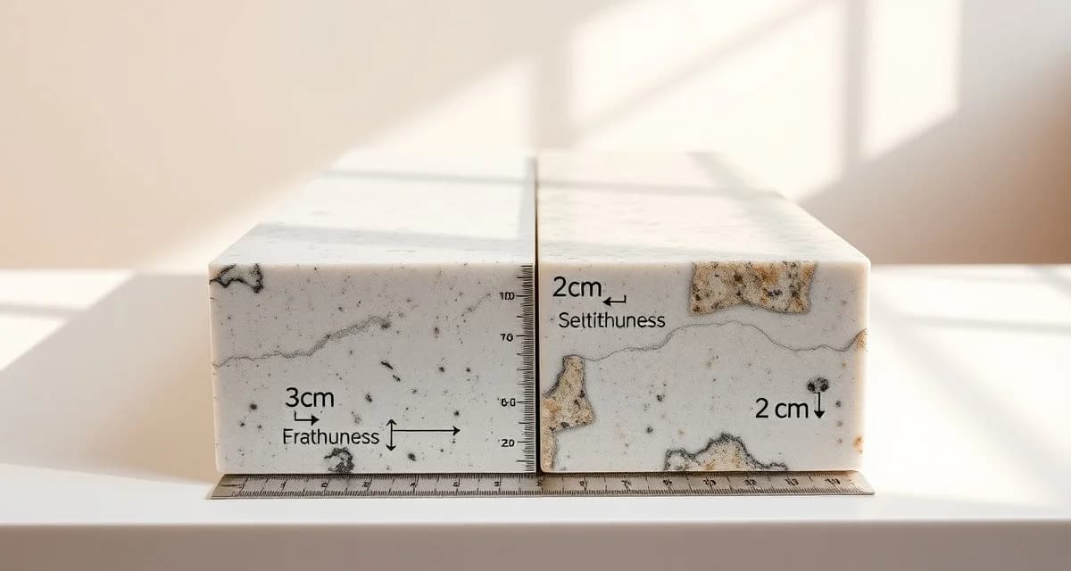 Stone countertop thickness comparison guide Side-by-side comparison of 3cm and 2cm countertop thickness showing stone slab cross-sections and structural differences