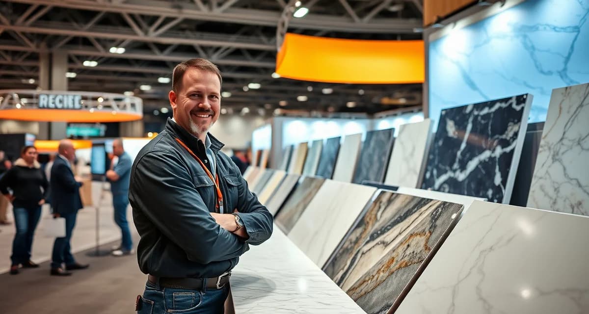 Trade show booth setup for stone countertop fabrication professionals Professional countertop fabricators displaying stone slabs at an industry trade show booth with natural lighting