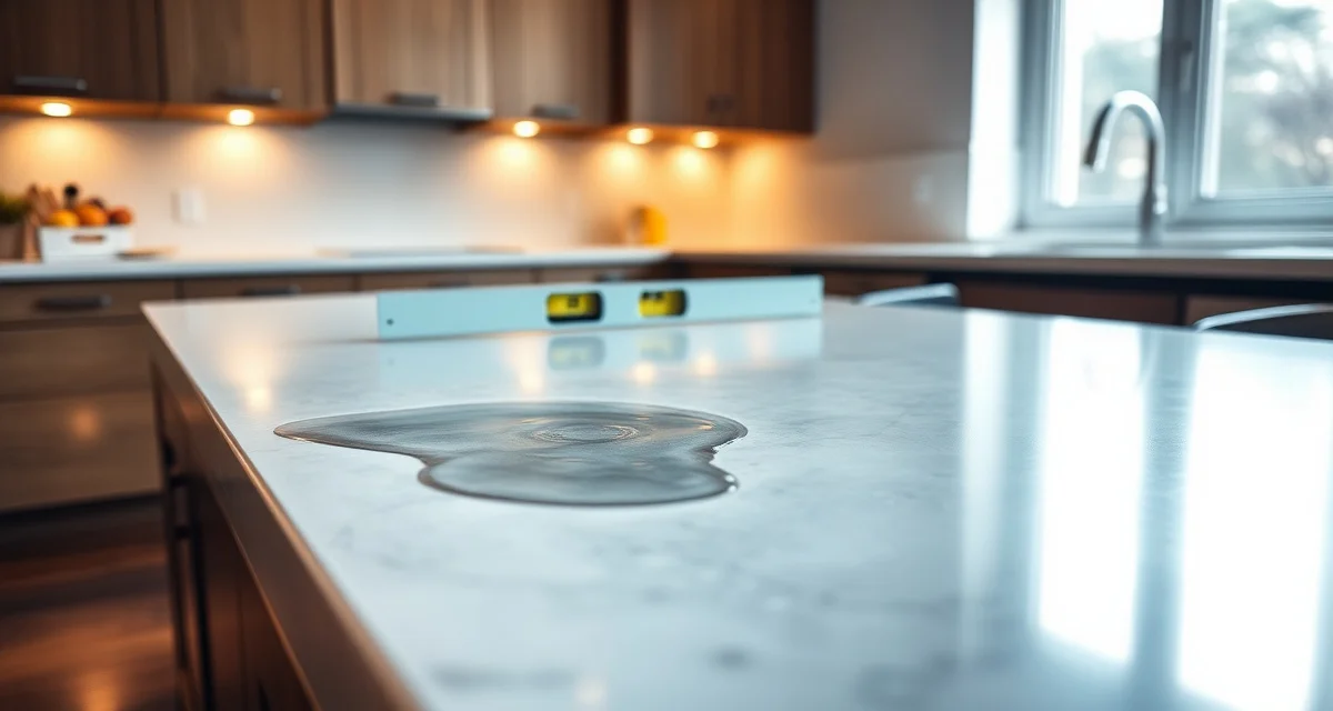 Identifying and fixing uneven countertop installation issues Spirit level tool on uneven countertop revealing installation problem with visible water pooling on surface