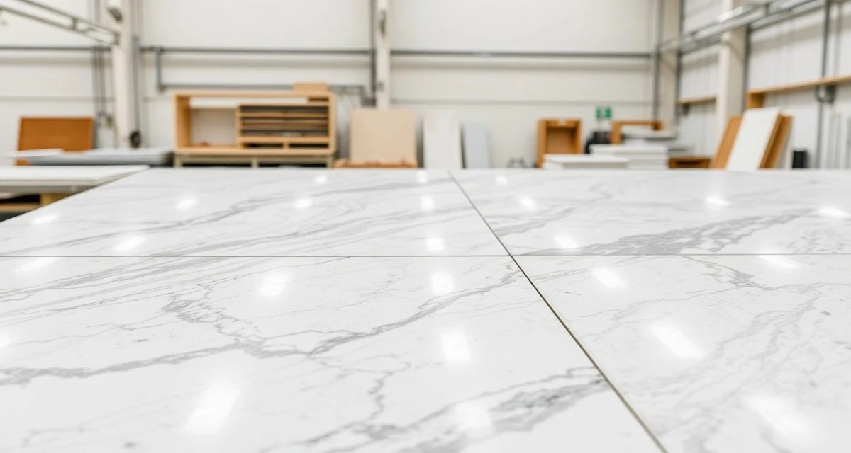 Optimized stone slab cutting layout Cross-job batching diagram showing multiple countertop pieces efficiently cut from single stone slab for material optimization