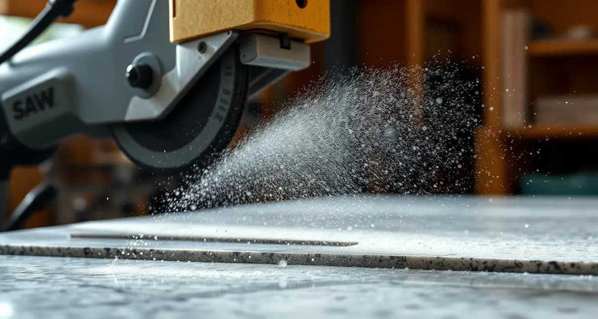 Silica dust hazard in countertop fabrication Crystalline silica dust particles generated during stone countertop cutting and fabrication process with safety focus