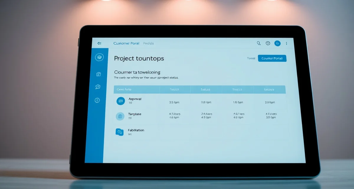 Real-time project tracking portal for countertop fabrication Customer portal dashboard interface displaying real-time countertop project status from quote through installation stages