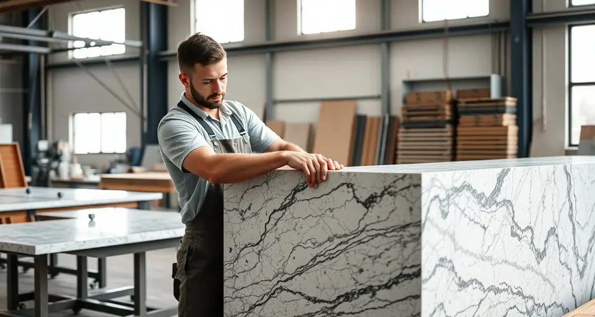 Quality countertop fabrication in Dallas Expert countertop fabricator measuring granite slab in Dallas fabrication shop with professional tools and equipment