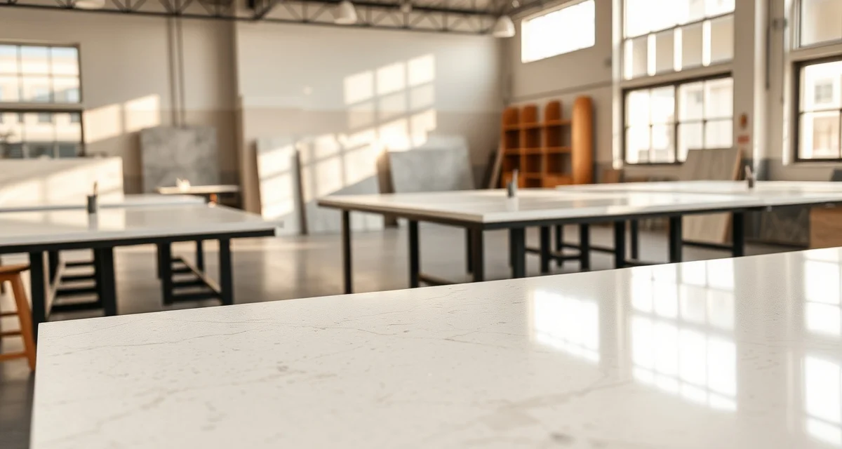 Daltile countertop materials and options Daltile ONE Quartz and porcelain countertop slabs displayed in professional stone fabrication showroom with premium surface finishes