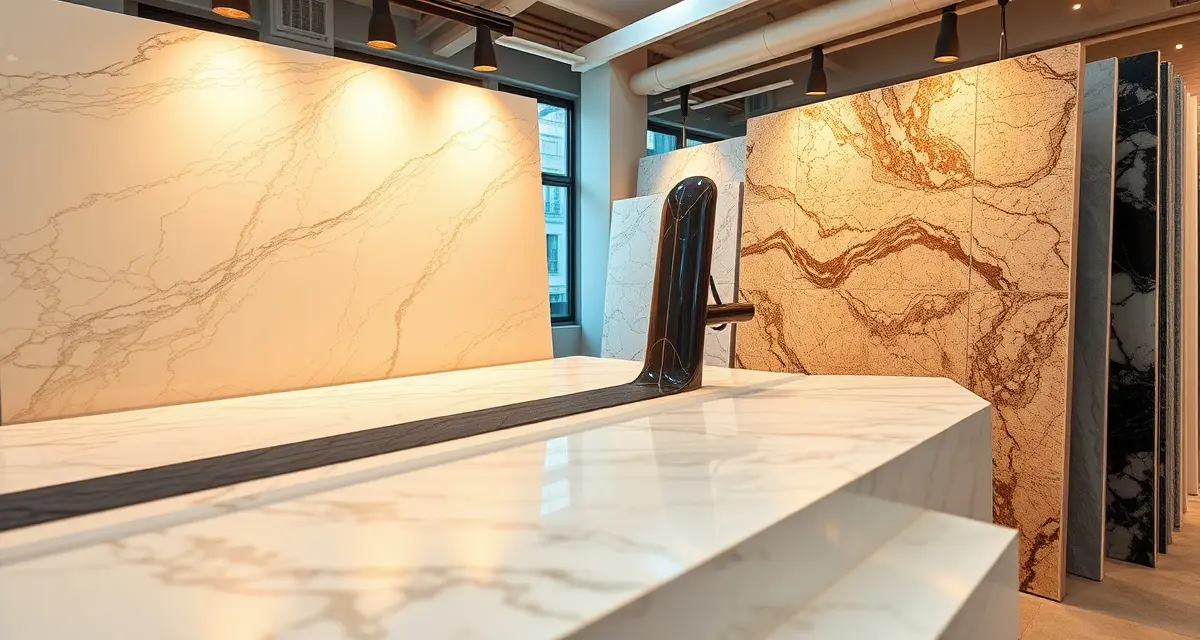 Daltile countertop material samples Daltile quartz and natural stone countertop slabs displayed in a professional fabrication showroom with premium lighting