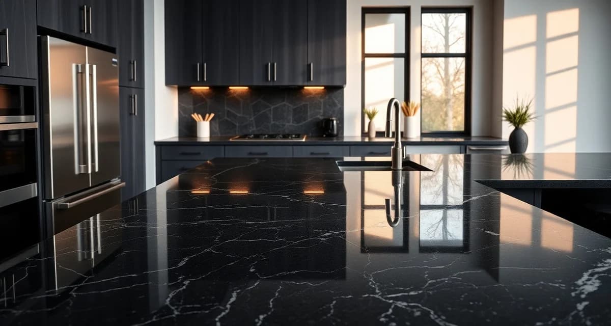 Premium dark countertop materials and installation Dark granite countertop with rich charcoal finish in modern kitchen featuring professional stone fabrication and luxury design aesthetic